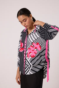 Autumn Applique Shirt - B/W Stripes